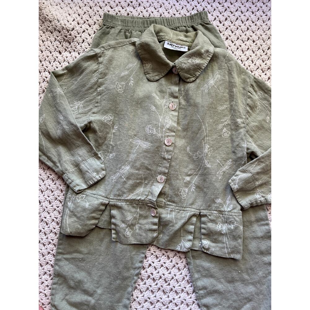 Vintage 90s Sage Green Linen Pants Set with Jacket Size Small